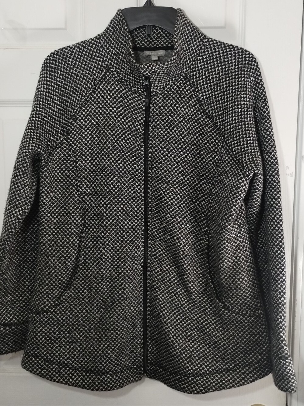 T By Talbots Birds Eye MockNeck Full Zip Jacket-Black/White